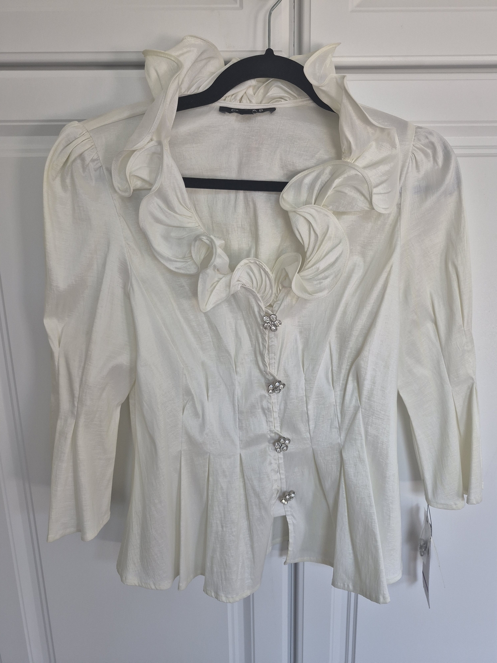 NWT Elegant Ruffled Ivory Women’s Blouse Embellished Floral Crystal Buttons